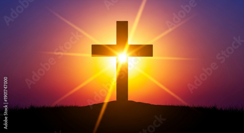 Silhouette of a cross on a hill with a vibrant sunset background and sunburst effect symbolizing hope and spirituality in a serene natural landscape