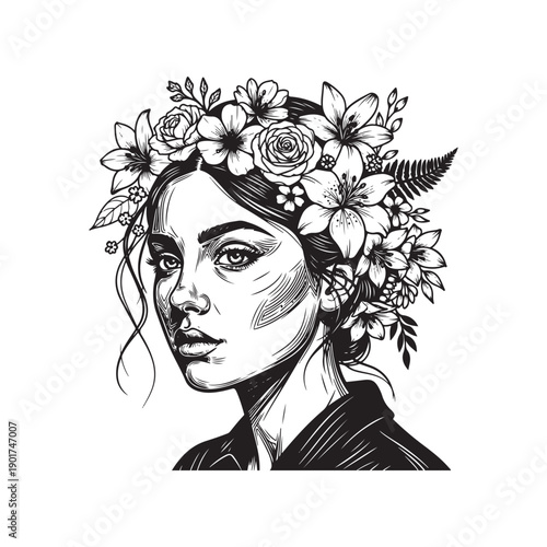 A woman with a floral crown on her head