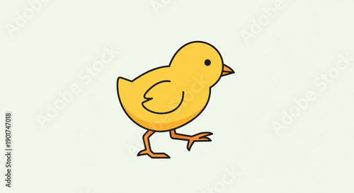 A cute yellow cartoon chick walking on a light green background with brown legs and beak