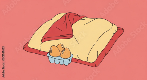 A cartoon illustration of a red and yellow sleeping bag with a basket of bread on a pink background