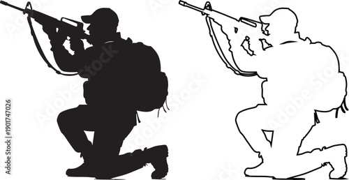 Silhouettes of soldiers kneeling with rifles