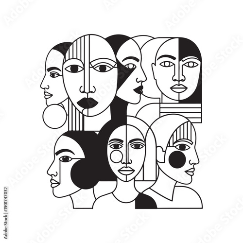 A group of stylized faces in black and white