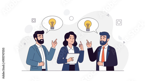 Team Brainstorming Ideas: Business People Discussing Solutions with Lightbulb Concepts