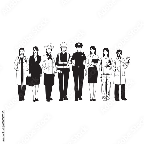 A group of people in different professions standing together