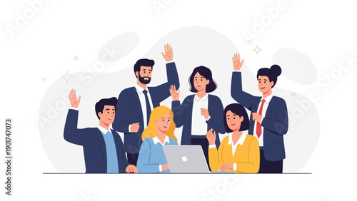 Diverse business team raising hands in meeting, collaboration, ideas, success