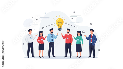Teamwork and innovation: Diverse people gather around a bright idea lightbulb