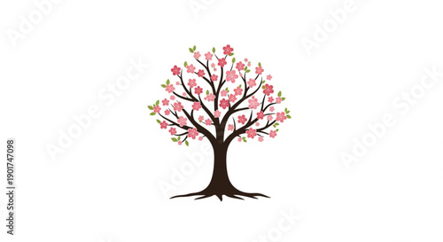 Blooming tree with pink flowers and green leaves on brown branches symbolizing growth and nature
