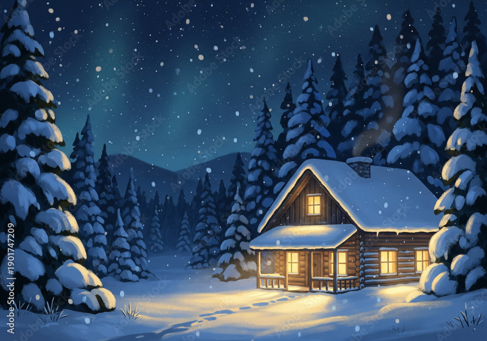 Fototapeta premium A cozy log cabin glows warmly amidst a snowy forest landscape under a starry night sky with falling snowflakes