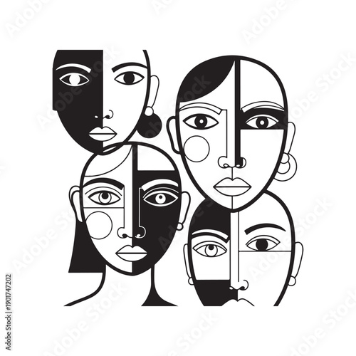 Four stylized faces divided into black and white sections