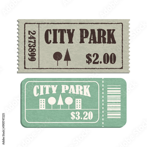 Vintage city park tickets with different designs and prices two retro tickets for amusement park entry