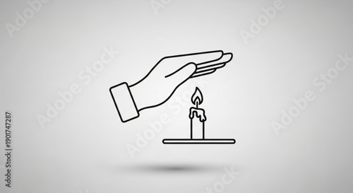 Hand hovering over lit candle on flat surface minimalist line art illustration soft lighting simple background peaceful atmosphere symbolic representation