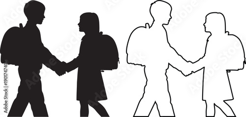 Silhouettes of two people shaking hands in black and white