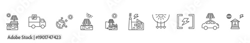 solar energy banner web vector illustration with icons of  solar ship, distribute energy, greenhouse gases, floating solar power, solar pool, power plants, ultraviolet rays, electricity, solar car.