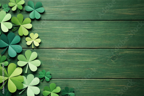 St Patricks Day side border of paper shamrocks over a green wood background, Saint Patrick's Day, St patrick.