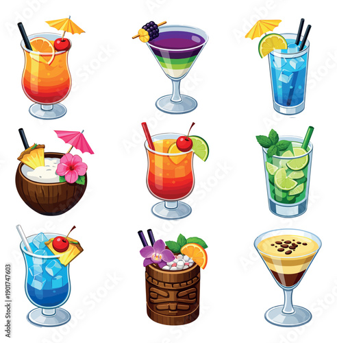 Cartoon style cocktail drinks set featuring various tropical and mixed beverages for summer celebrations
