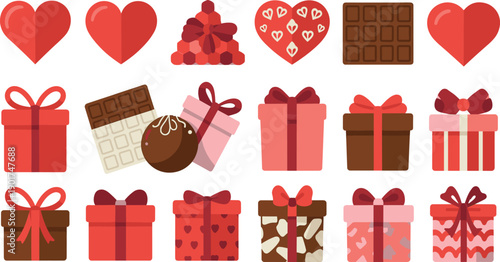 Valentine’s Day chocolates and gift boxes illustration with hearts, romantic holiday vector art design for love, wedding, celebration, affection, festive decor themes