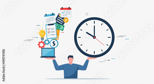 A person managing time efficiently with a large clock and various task icons floating around
