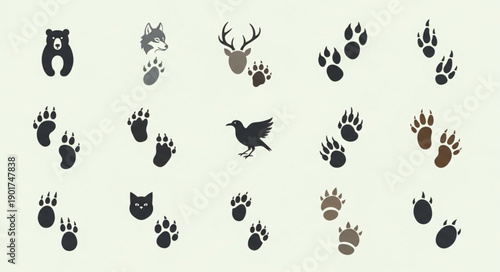 Collection of Animal Footprints and Silhouettes.