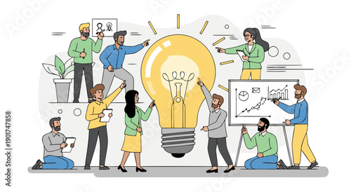 Diverse group of people collaborating around a giant lightbulb symbolizing creativity and innovation together