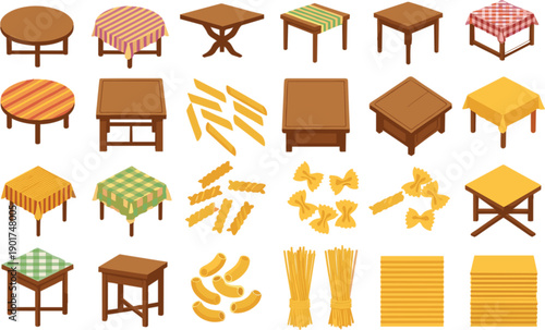 Isometric wooden furniture and food elements vector set including tables, stools, pasta, fries, and snack icons