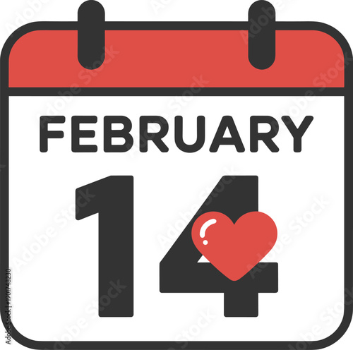 Valentine’s Day calendar illustration with red heart icon, February 14 date design, romantic holiday vector art for love, romance, wedding, celebration themes