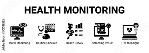 Health Monitoring web banner icon concept, with Health Monitoring, Routine Checkup, Health Survey, Screening Result.