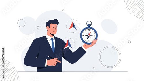 Businessman holding compass, navigating business challenges and strategy