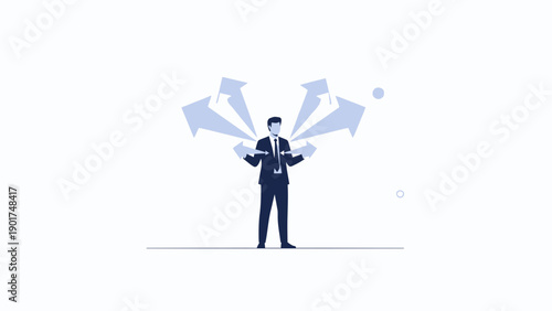 Businessman making decision with multiple arrows pointing in different directions