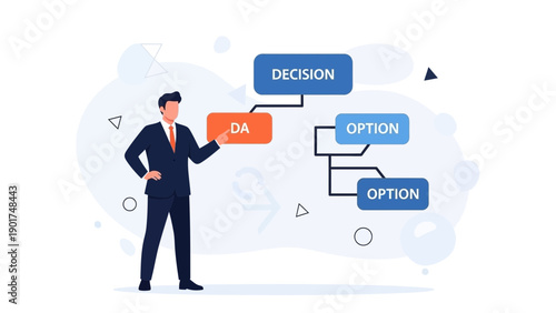 Businessman Making Decisions and Choosing Options Flowchart