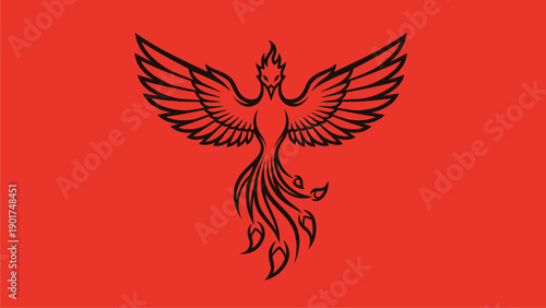 Stylized Black Phoenix Symbol on Vibrant Red Background, Mythical Firebird Illustration of Rebirth and Power