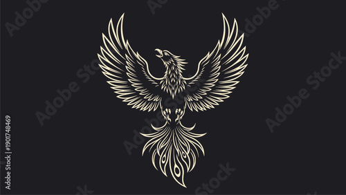 Elegant Phoenix Bird Illustration with Outstretched Wings. Mythical Creature Graphic Design on Dark Background.