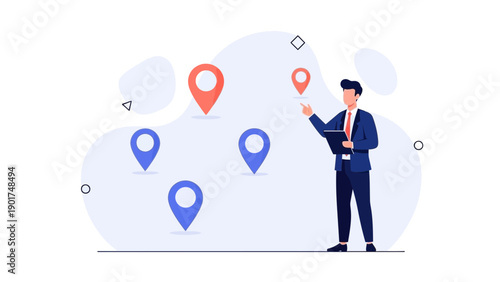 Businessman pointing at location pins, planning route, navigation concept