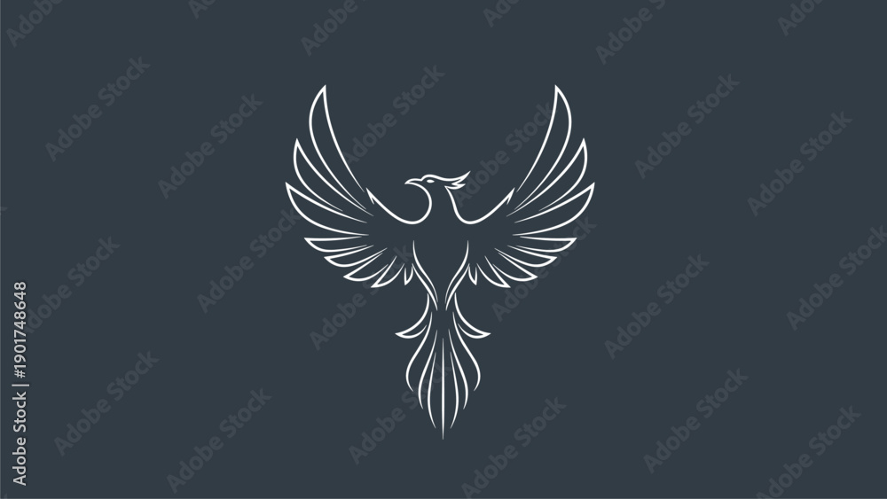 Obraz premium Elegant White Phoenix Bird Line Art Symbol on Dark Background