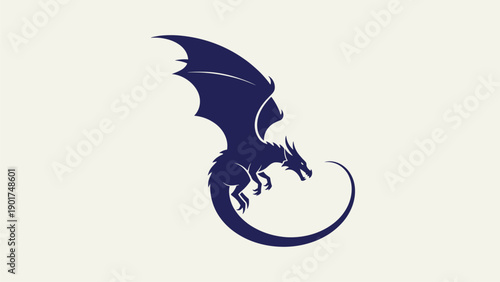 Stylized flying dragon silhouette. Dark blue fantasy creature graphic illustration on light background.