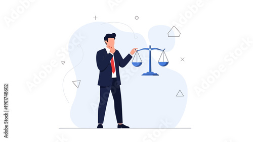 Businessman weighing justice scales, concept of legal decision, balance, and fairness