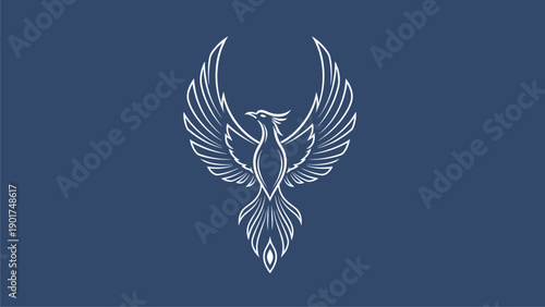 Elegant White Phoenix Vector Logo. Mythical Firebird Symbol on Dark Blue. Stylized Rebirth Icon Design.