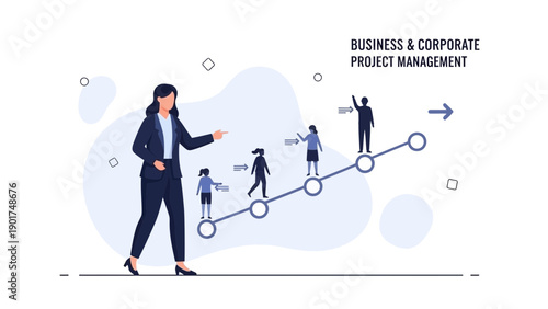 Businesswoman leading team up a growth chart, project management concept