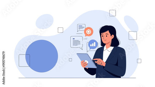 Businesswoman using tablet with digital data and analytics icons