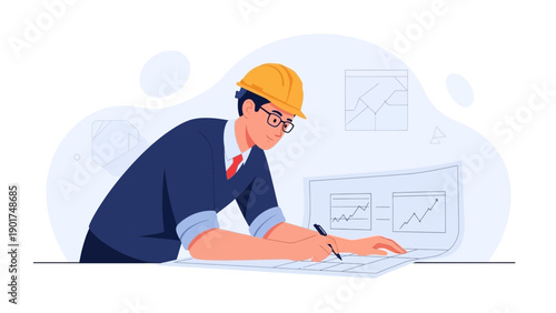Engineer working on blueprints with charts and graphs, construction planning