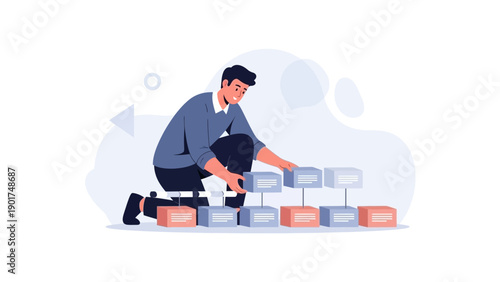 Man building organizational flowchart with blocks, business strategy concept