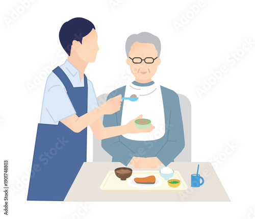 高齢者の食事介助をする介護士のイラストベクター素材
