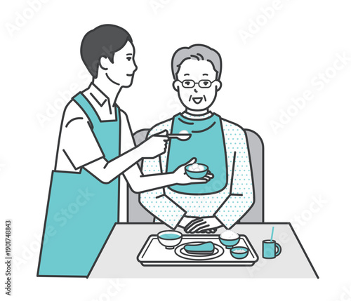 高齢者の食事介助をする介護士のイラストベクター素材