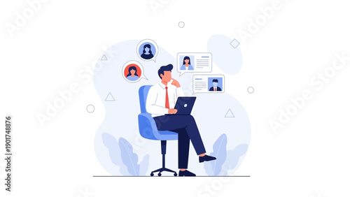 Man working remotely, choosing candidates for job, online recruitment, remote work concept