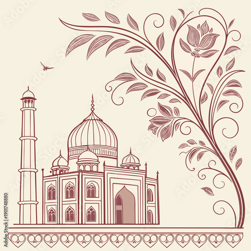 Elegant Hand-Drawn Taj Mahal with Indian Floral Motifs