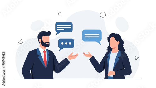 Business meeting illustration: two people discussing with speech bubbles