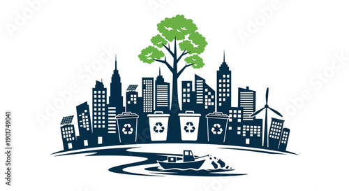 A stylized illustration depicts a green tree growing atop a cityscape with recycling bins and renewable energy