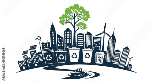 A stylized cityscape integrates nature and sustainability elements showcasing a blend of urban and ecological concepts high quality