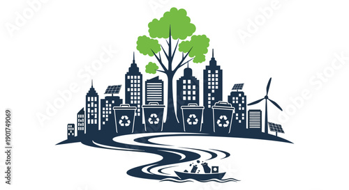A stylized illustration depicts a sustainable city skyline with trees water and renewable energy sources high quality professional