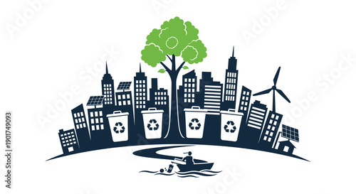 A stylized illustration depicts a green tree growing within a city skyline emphasizing eco friendly sustainability high quality professional