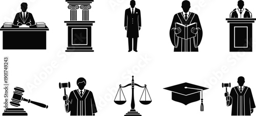 Law and justice icon set, legal court symbols with judge, gavel, scales, podium and graduation cap silhouettes
